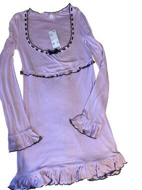 Long-Sleeve Ruffled Lilac Nightgown With Black Trim & Scoop Neck